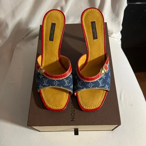 Louis Vuitton Denim and Red Sandals - Picture 2 of 13